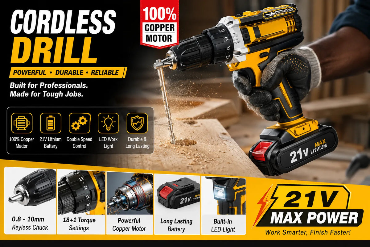 21V Cordless Impact Drill Kit — 23 Pieces